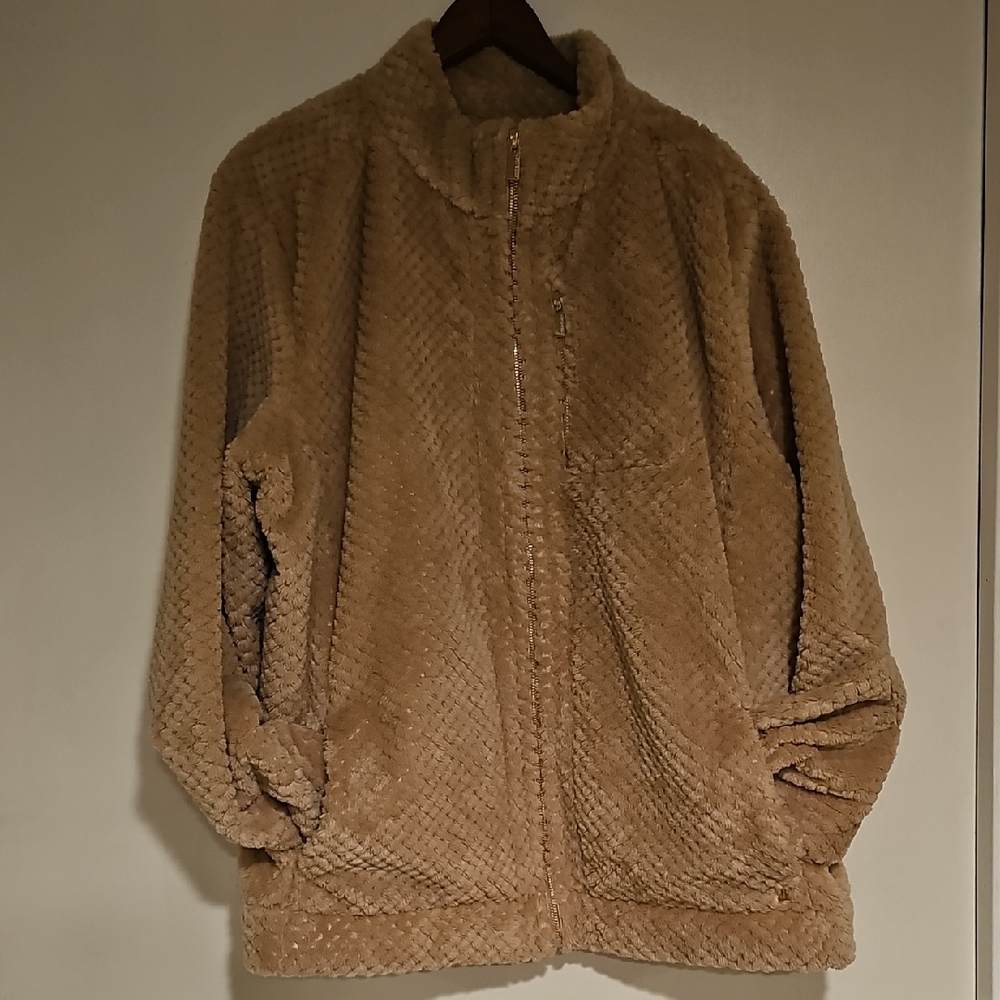 Anne Klein Cozy Brown Teddy Jacket Fleece Xlarge Gold Lightweight Women